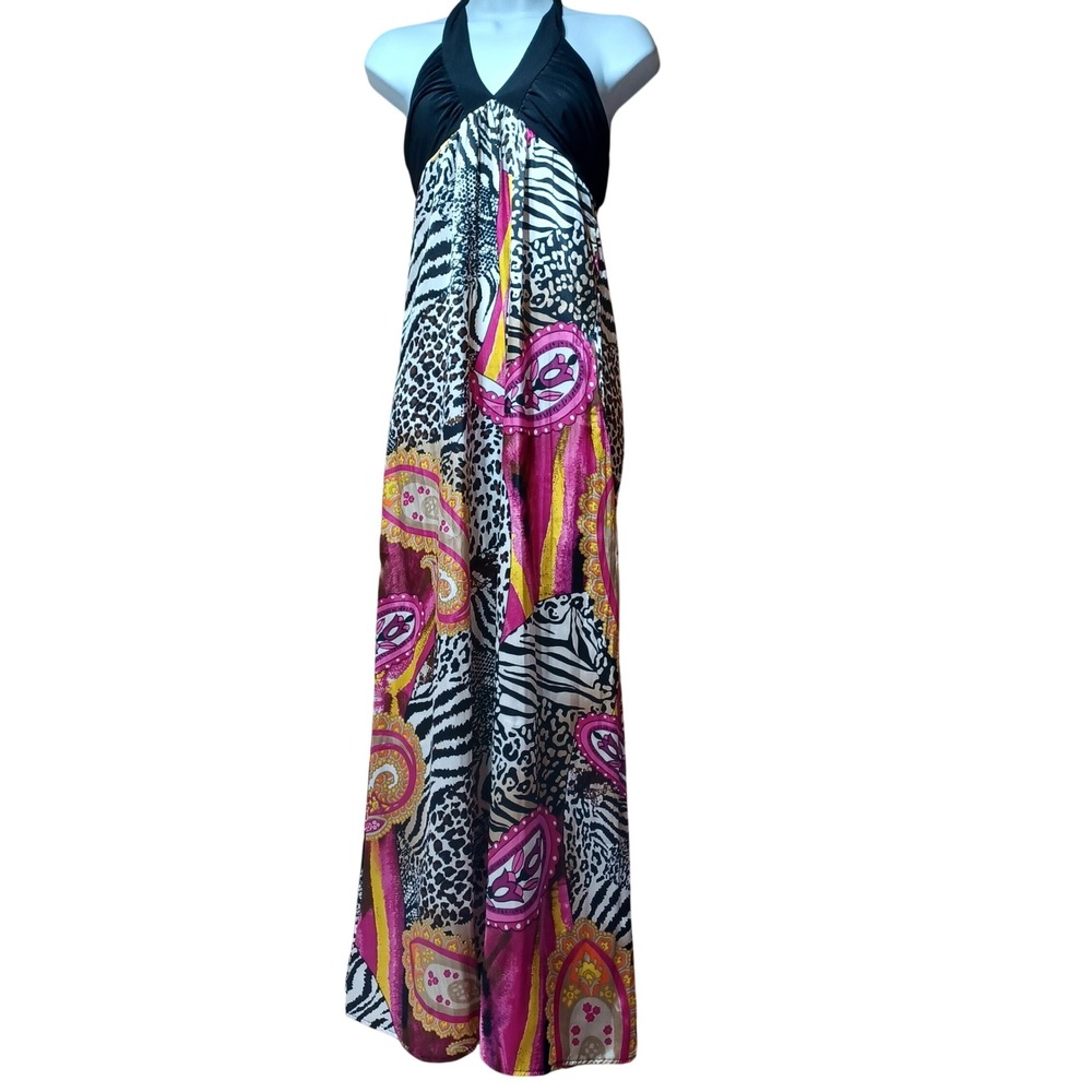 VTG Halter Maxi‎ Dress Womens M Animal Print Paisley Bold Y2K Boho Resort